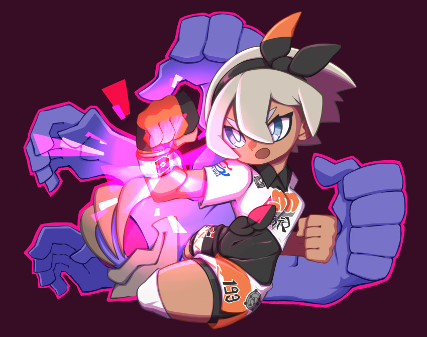 1girl bangs bea_(pokemon) black_bodysuit black_hairband bodysuit bodysuit_under_clothes bow_hairband clenched_hands collared_shirt commentary_request dynamax_band gen_1_pokemon gloves grey_eyes grey_hair gym_leader hair_between_eyes hairband highres knee_pads machamp number open_mouth partially_fingerless_gloves pokemon pokemon_(creature) pokemon_(game) pokemon_swsh print_shirt print_shorts rudosan shirt short_hair short_sleeves shorts side_slit side_slit_shorts single_glove tied_shirt