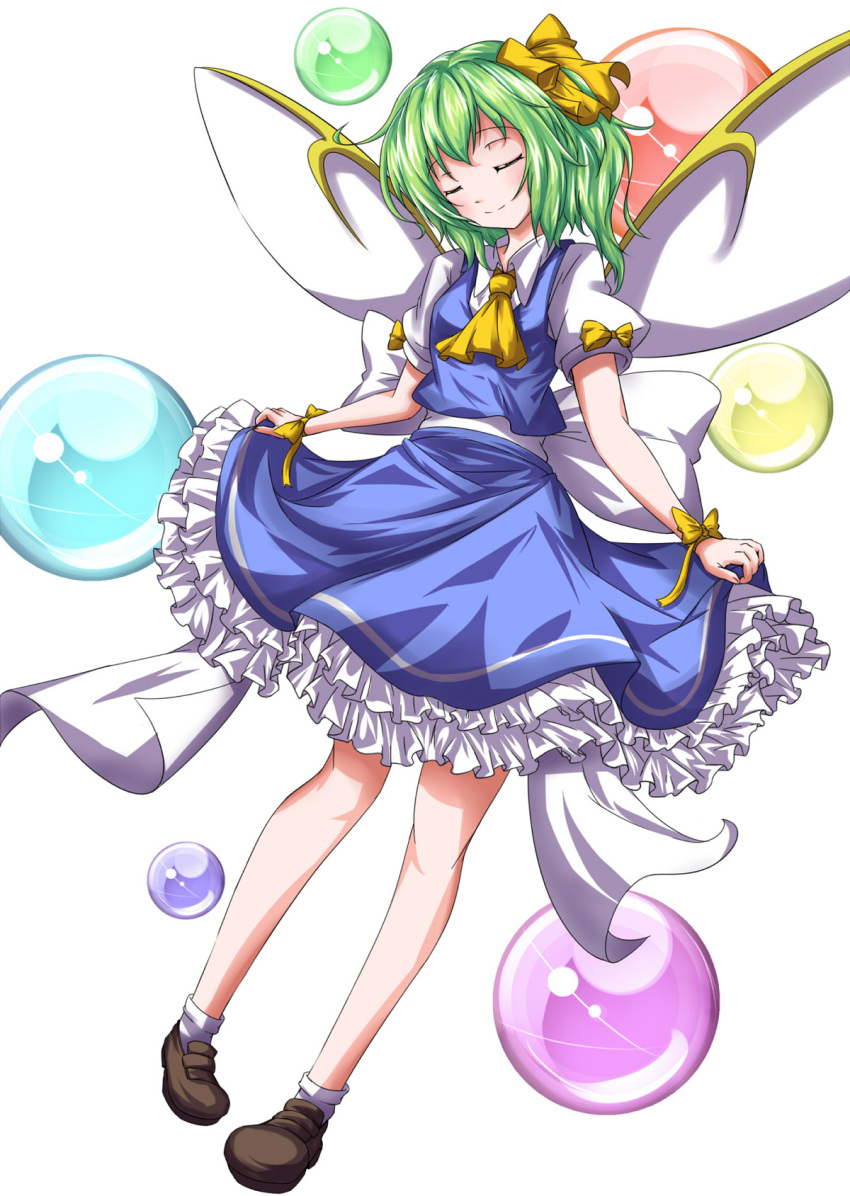 1girl ankle_socks ascot aya-on_(miria00) bow closed_eyes daiyousei dutch_angle fairy_wings frilled_skirt frills green_hair highres puffy_short_sleeves puffy_sleeves short_hair short_sleeves side_ponytail simple_background skirt skirt_hold skirt_set smile solo sphere touhou white_background wings wrist_ribbon