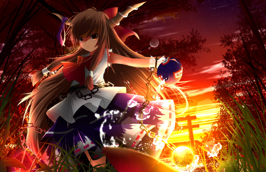 1girl belt bow chain clouds cuffs gourd grass hair_bow horn_ribbon horns ibuki_suika lens_flare light_brown_hair light_smile long_hair looking_at_viewer manacles outstretched_arm payot pengin_(takeoff425) pouring pyramid_(geometry) ribbon skirt sky sleeveless sleeveless_shirt solo sphere star_(sky) starry_sky torii touhou tree twilight very_long_hair wrist_cuffs yellow_eyes