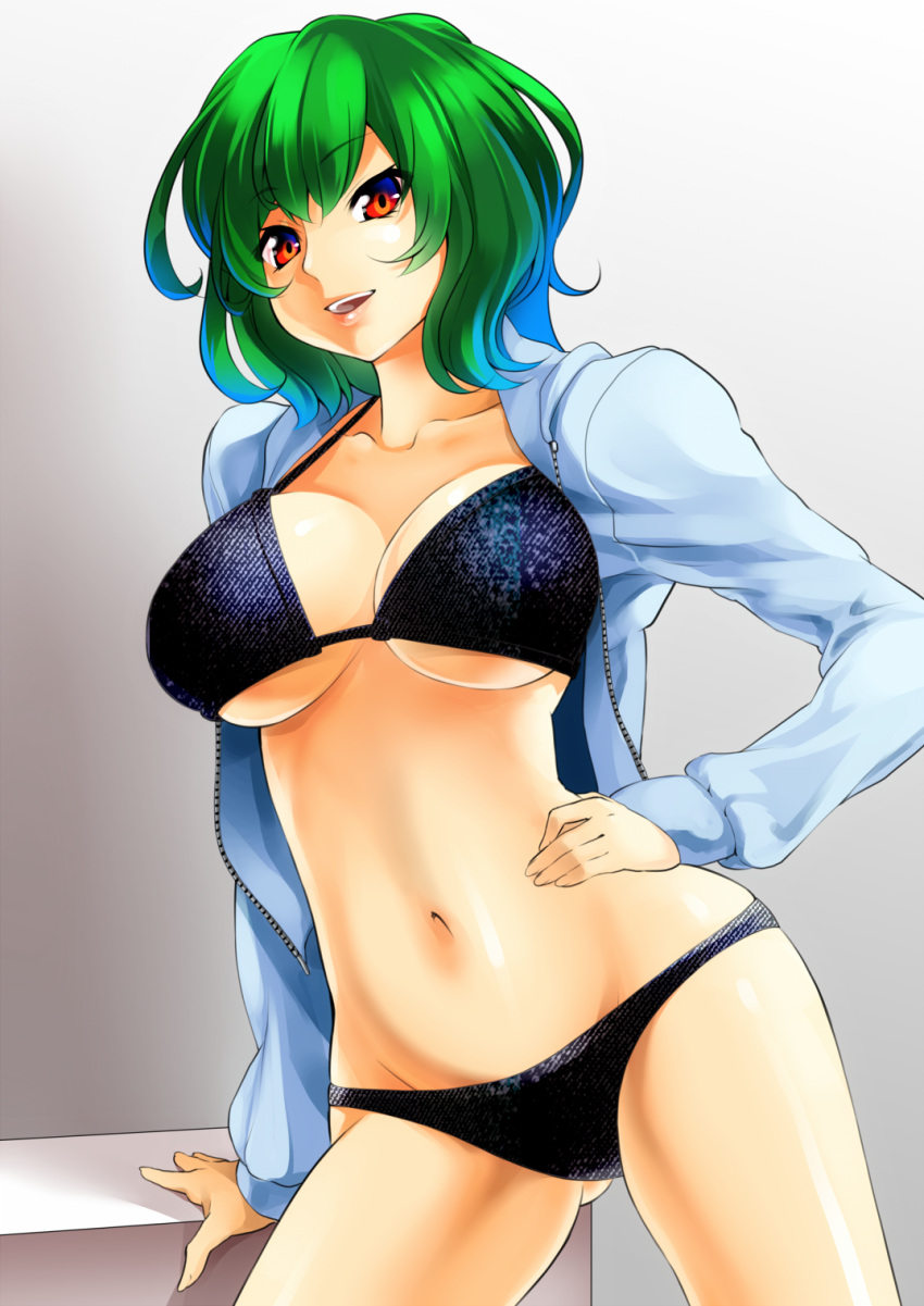 1girl black_bra black_panties bra breasts green_hair highres hoodie kazami_yuuka large_breasts mattari_yufi navel open_clothes open_hoodie open_mouth panties pose red_eyes short_hair smile solo touhou underwear