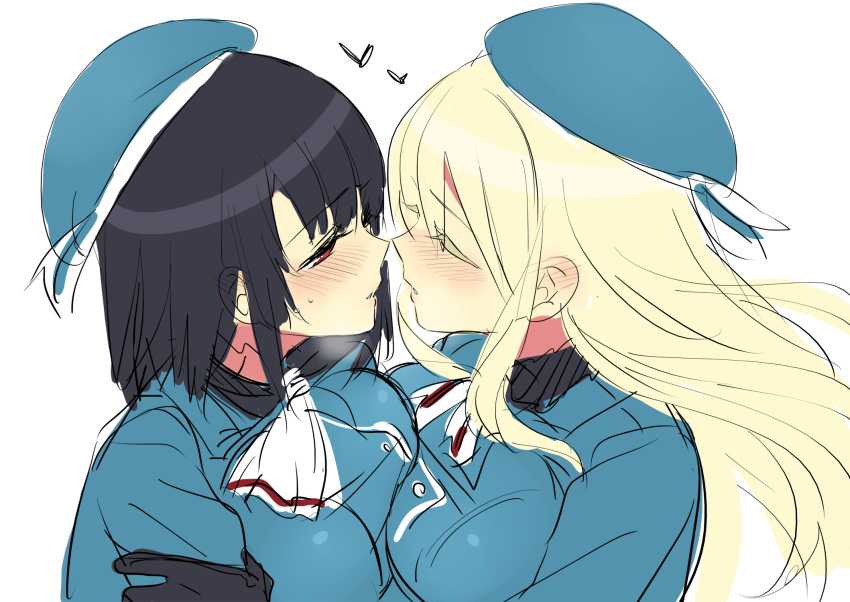 2girls atago_(kantai_collection) black_hair blonde_hair blush breasts gloves hat heart highres incipient_kiss kantai_collection large_breasts long_hair multiple_girls personification red_eyes rough short_hair takao_(kantai_collection) tyaka white_background