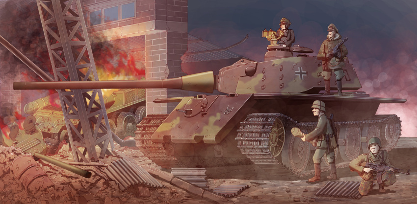 anti-tank_grenade battle caterpillar_tracks earasensha explosive fire grenade military military_vehicle panzerfaust ruins stg_44 tank vehicle world_war_ii