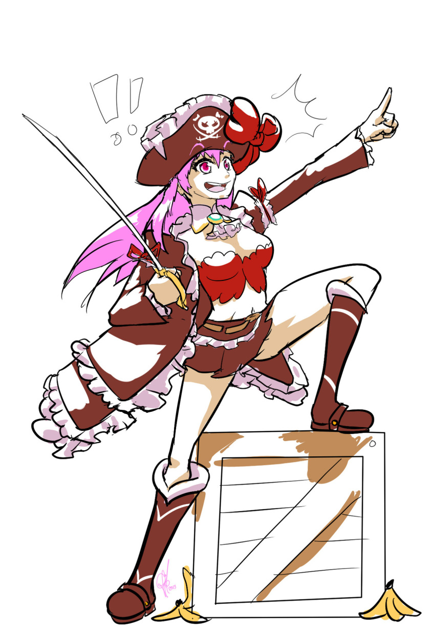 !! 1girl banana_peel boots bow box captain_liliana cutlass_(sword) frills hat hat_bow highres jolly_roger knee_boots long_coat miniskirt one_leg_raised pink_eyes pink_hair pirate pirate_hat pointing pointing_forward queen's_blade skirt skull_and_crossed_swords solo triple-q