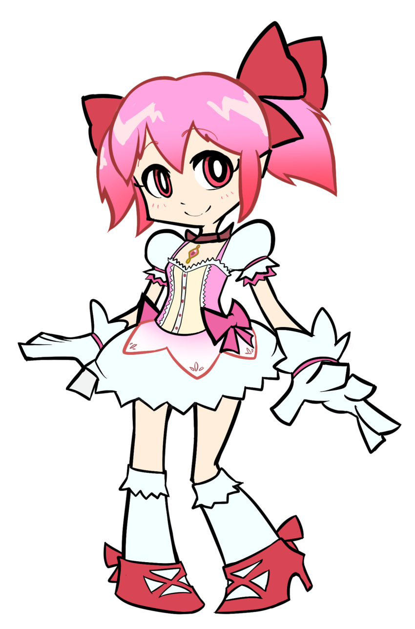 blush bubble_skirt choker flat_chest gloves grey_background highres kaname_madoka kneehighs magical_girl mahou_shoujo_madoka_magica panty_&amp;_stocking_with_garterbelt parody pink_eyes pink_hair puffy_short_sleeves puffy_sleeves short_sleeves short_twintails smile soul_gem style_parody triple-q twintails white_gloves