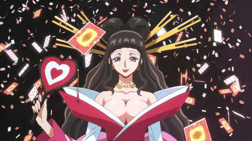 1girl animated animated_gif black_background black_hair bouncing_breasts breasts card cleavage code_geass earrings hair_ornament heart huge_filesize jewelry large_breasts long_hair marianne_vi_britannia necklace no_bra open_clothes shiny shiny_skin smile solo violet_eyes wavy_hair