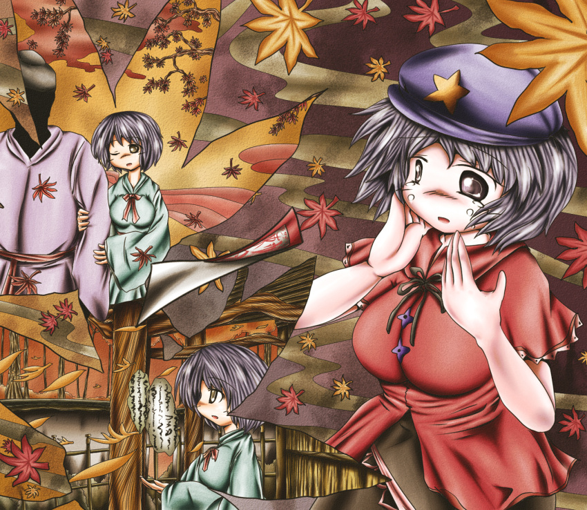 1boy 1girl arm_holding autumn_leaves blouse breasts commentary_request faceless faceless_male grey_eyes hands_on_own_face hat highres inset japanese_clothes kimono lavender_hair leaf maple_leaf miyako_yoshika miyako_yoshika_(living) multicolored_background ofuda ofuda_removed parted_lips short_hair skirt star tears touhou violet_eyes wink ys_(ytoskyoku-57)