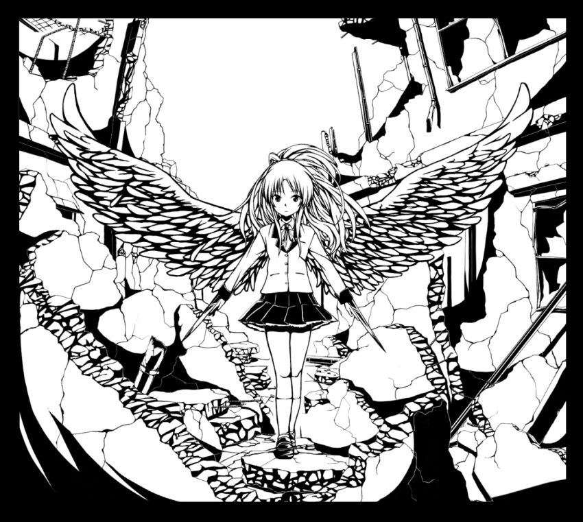1girl angel_beats! hand_sonic lineart long_hair monochrome mugai_(tamac) ruins school_uniform tachibana_kanade wings