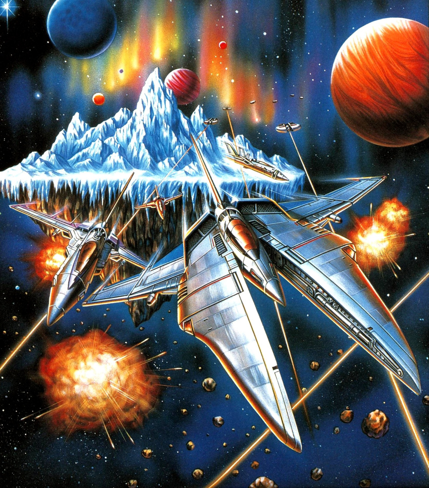 90s aerial_battle battle dogfight explosion gradius gradius_gaiden highres ice konami no_humans official_art oldschool planet science_fiction space space_craft starfighter vic_viper