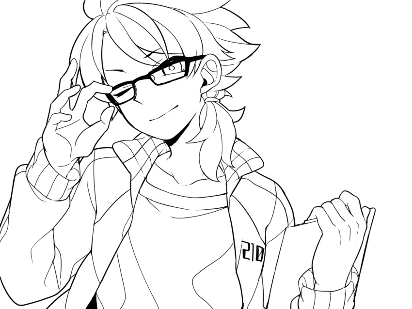 1boy bespectacled clipboard collarbone fudou_akio glasses inazuma_eleven_(series) inazuma_eleven_go inazuma_eleven_go_galaxy jacket lineart long_hair looking_at_viewer male monochrome older open_clothes open_jacket saku_anna simple_background solo transparent_background wink work_in_progress