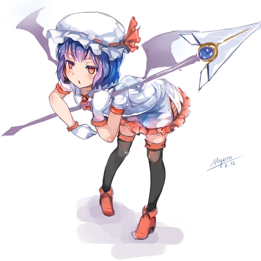 1girl adapted_costume ascot bat_wings bent_over black_legwear blue_hair dress gloves hat hat_ribbon highres mob_cap myero polearm red_string redhead remilia_scarlet ribbon signature solo spear string thighhighs touhou weapon white_dress white_gloves wings zettai_ryouiki
