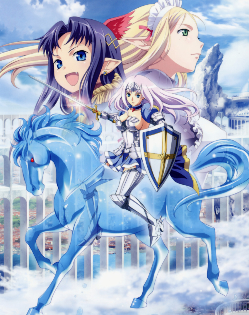 3girls :d ambrosius annelotte apron armor armored_boots armored_dress artist_request blonde_hair blue_eyes breasts cleavage earrings fang freckles frilled_collar frills gauntlets green_eyes highres horse horseback_riding jewelry large_breasts long_hair maid maid_headdress multiple_girls official_art open_mouth pointy_ears purple_hair queen's_blade queen's_blade_rebellion shield sideboob skirt smile sword thighhighs tiara vante weapon yuit_(queen's_blade)