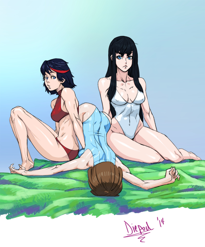 3girls barefoot black_hair blue_eyes blue_swimsuit breasts brown_hair clothed_navel diepod fallen_down highres kill_la_kill kiryuuin_satsuki legs_together long_hair mankanshoku_mako matoi_ryuuko multiple_girls one-piece_swimsuit sitting swimsuit tankini toned white_swimsuit yokozuwari