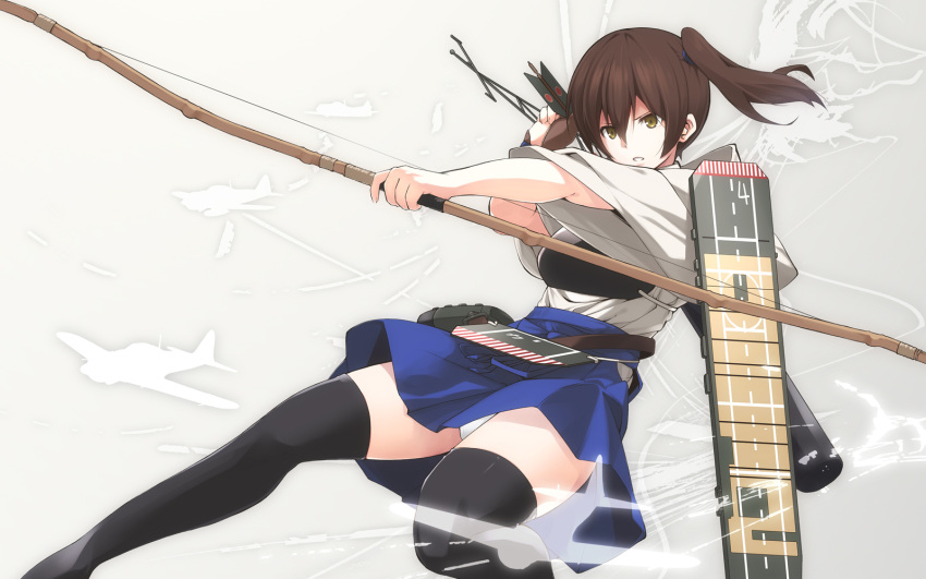 1girl airplane arrow bow_(weapon) brown_eyes brown_hair highres japanese_clothes kaga_(kantai_collection) kantai_collection muneate nanaku_teiru panties pantyshot personification short_hair side_ponytail thighhighs underwear weapon