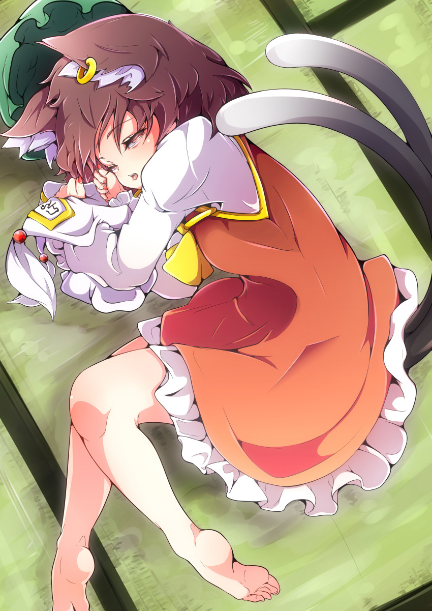 1girl absurdres animal_ears baba_(pixiv3422465) barefoot brown_eyes brown_hair cat_ears cat_tail chen dress ear_piercing half-closed_eyes hat hat_with_ears highres jewelry juliet_sleeves long_sleeves looking_at_viewer lying mob_cap multiple_tails object_hug on_side open_mouth piercing puffy_sleeves red_dress red_nails shirt single_earring solo tail tatami tongue tongue_out touhou