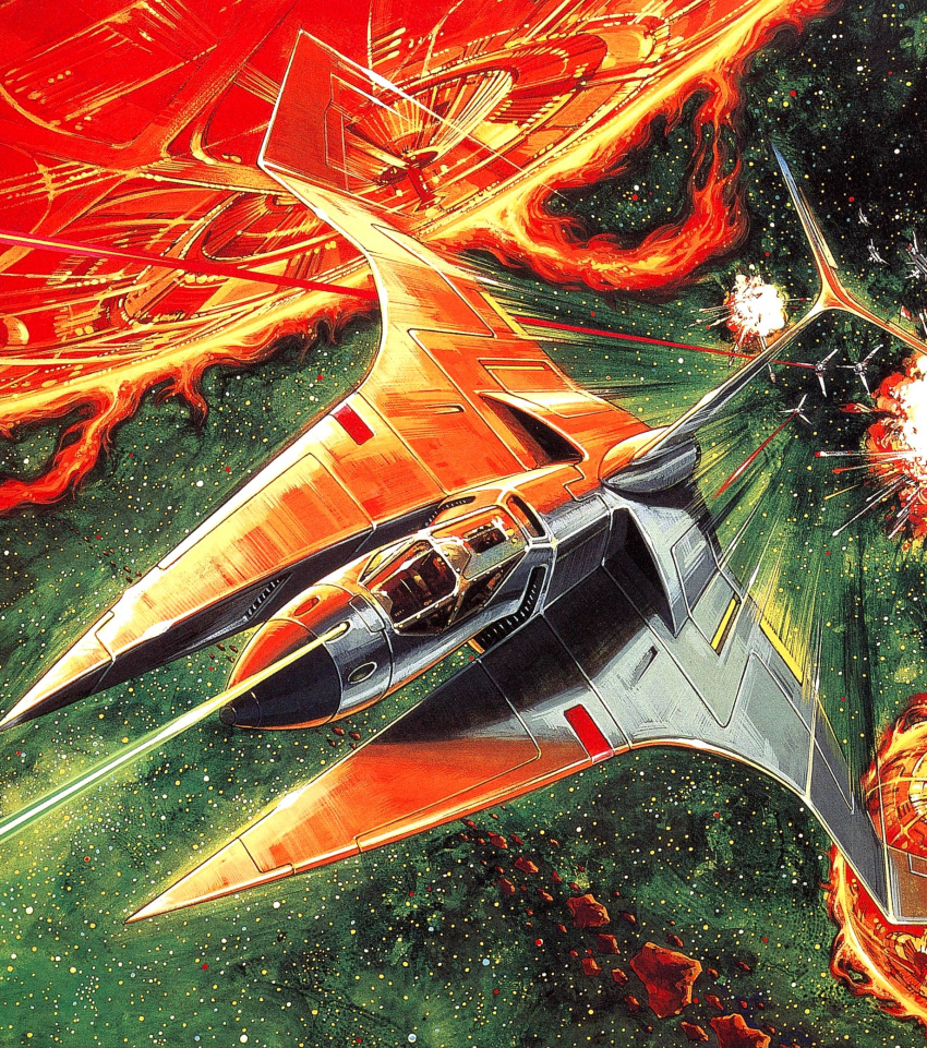 80s aerial_battle battle dogfight gradius gradius_ii highres konami no_humans official_art oldschool science_fiction space space_craft starfighter vic_viper