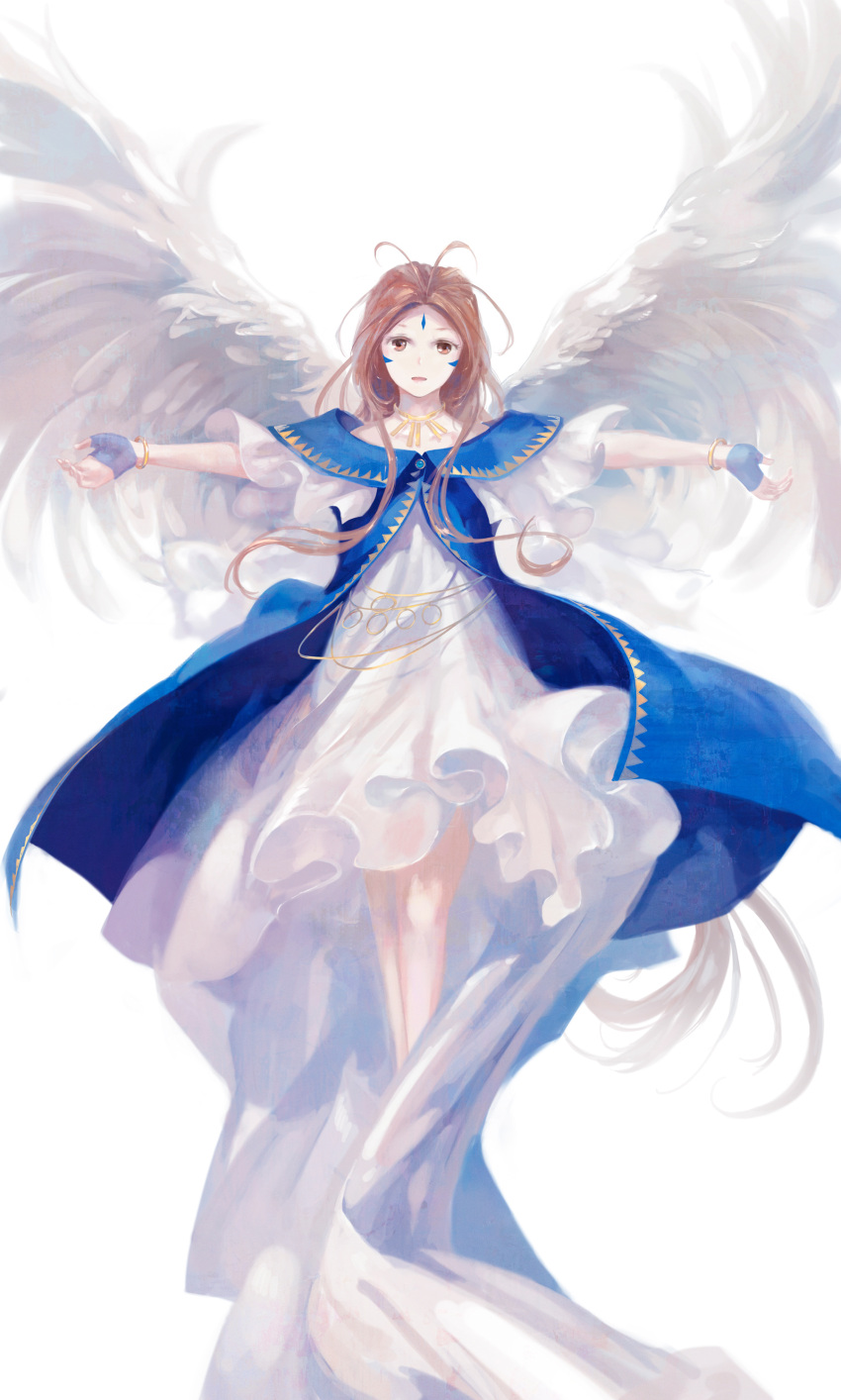 1girl aa_megami-sama absurdres antenna_hair belldandy bracelet brown_eyes brown_hair facial_mark forehead_mark highres jewelry jq long_hair outstretched_arms solo spread_arms wings