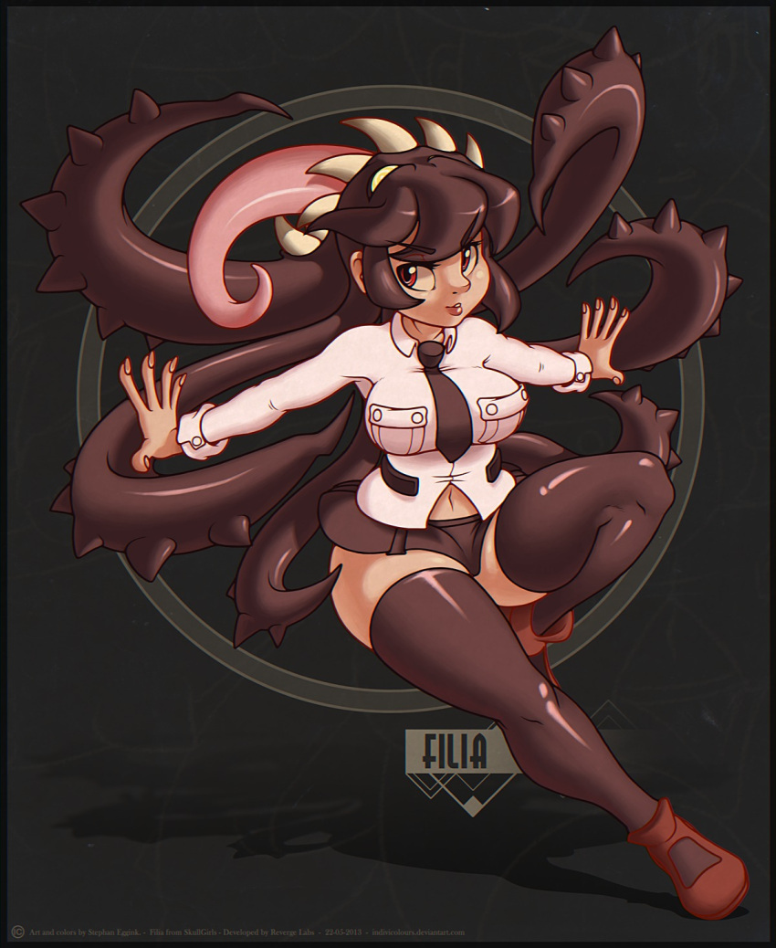 1girl black_hair black_legwear breasts character_name filia_(skullgirls) highres large_breasts lips living_hair loafers long_hair long_tongue miniskirt necktie outstretched_arms red_eyes samson_(skullgirls) school_uniform shiny shiny_clothes shirt shoes skirt skullgirls solo stephan_eggink tentacle_hair thighhighs tongue