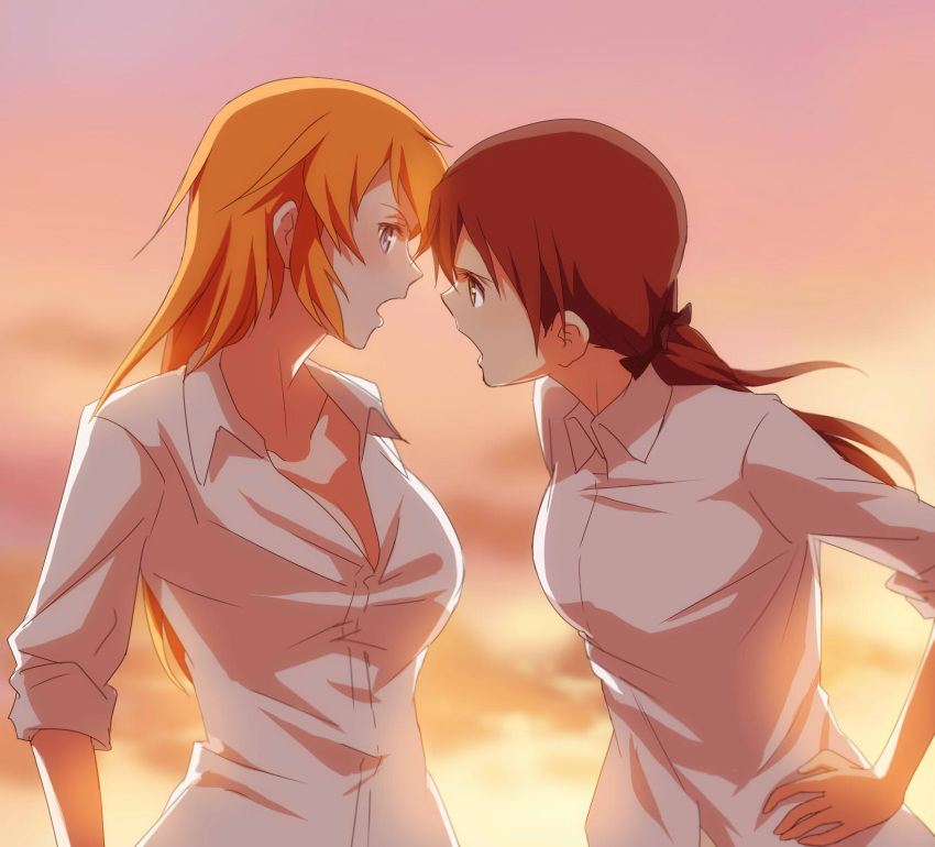 2girls arguing blue_eyes brown_eyes brown_hair charlotte_e_yeager gertrud_barkhorn hair_ribbon hands_on_hips highres kisetsu multiple_girls open_clothes open_mouth open_shirt orange_hair ribbon strike_witches twintails