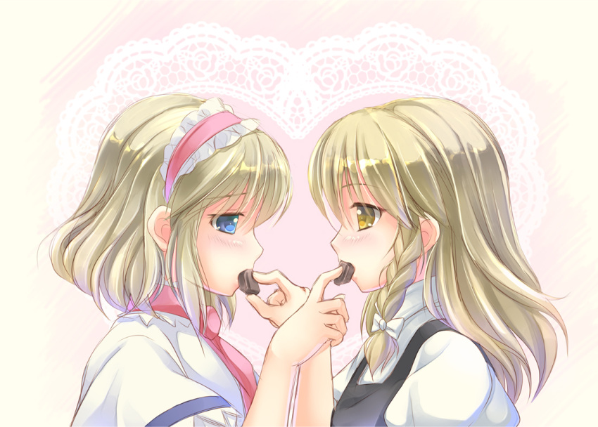 2girls alice_margatroid blonde_hair blue_eyes blush bow braid bust capelet chocolate doily eye_contact feeding food_in_mouth gradient gradient_background hair_bow hairband heart kirisame_marisa lolita_hairband long_hair looking_at_another multiple_girls no_hat pink_background puffy_short_sleeves puffy_sleeves ribbon short_hair short_sleeves single_braid takatsukasa_yue touhou valentine yellow_eyes yuri