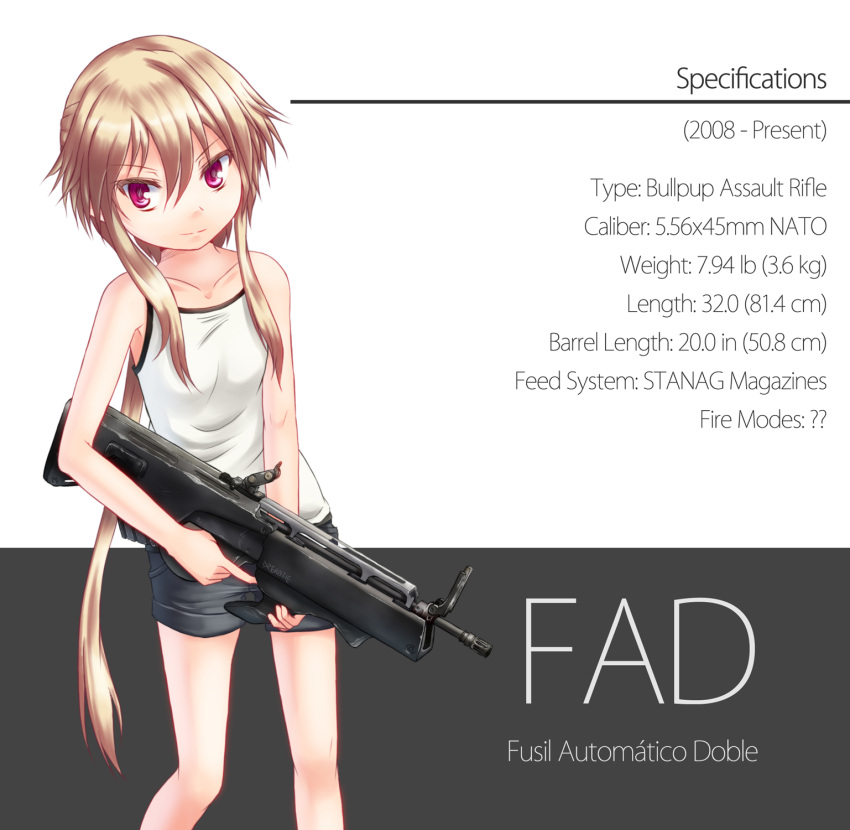 1girl assault_rifle blonde_hair dreadtie english fad gun highres legs looking_at_viewer rifle shorts spanish trigger_discipline violet_eyes weapon