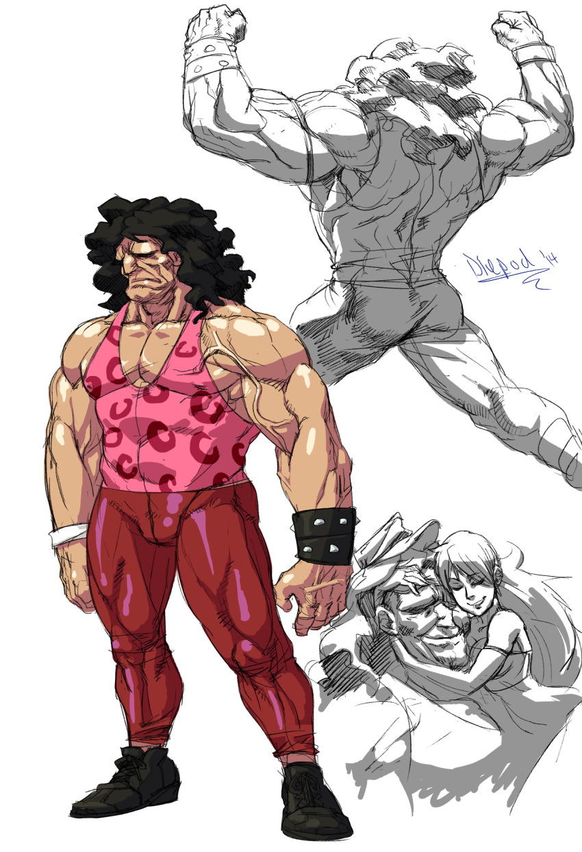 1boy 1girl afro black_hair diepod final_fight highres hug hugo_andore muscle pink poison_(final_fight) skin_tight veins