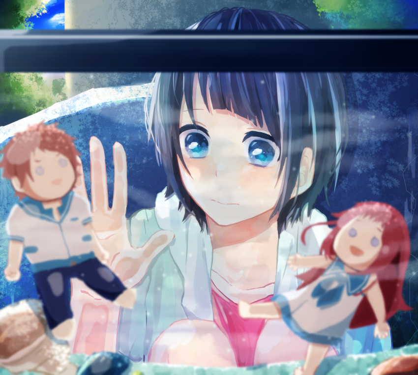 1girl against_glass aquarium black_hair blue_eyes character_doll doll highres mukaido_manaka nagi_no_asukara nako_(inamenaihane) sakishima_hikari shiodome_miuna short_hair