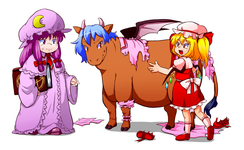 absurdres blonde_hair blue_hair book cow dress flandre_scarlet hair_ribbon hat highres hooves nazotyu2go patchouli_knowledge purple_dress purple_hair red_dress red_eyes red_shoes remilia_scarlet ribbon shadow shoes short_hair side_ponytail simple_background socks sweat sweatdrop tail torn_clothes touhou violet_eyes white_background wings wrist_cuffs