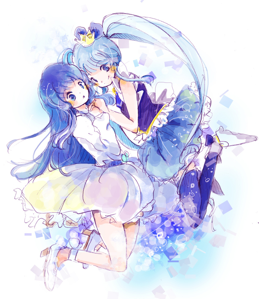 2girls blue_eyes blue_hair blue_legwear blue_skirt boots crown cure_princess dress dual_persona earrings eyelashes hair_ornament hair_ribbon happinesscharge_precure! happy high_heels highres ichitaro jewelry long_hair looking_at_viewer magical_girl multiple_girls precure ribbon shirayuki_hime shirt shoes sketch skirt smile thighhighs thighs twintails white_dress zettai_ryouiki