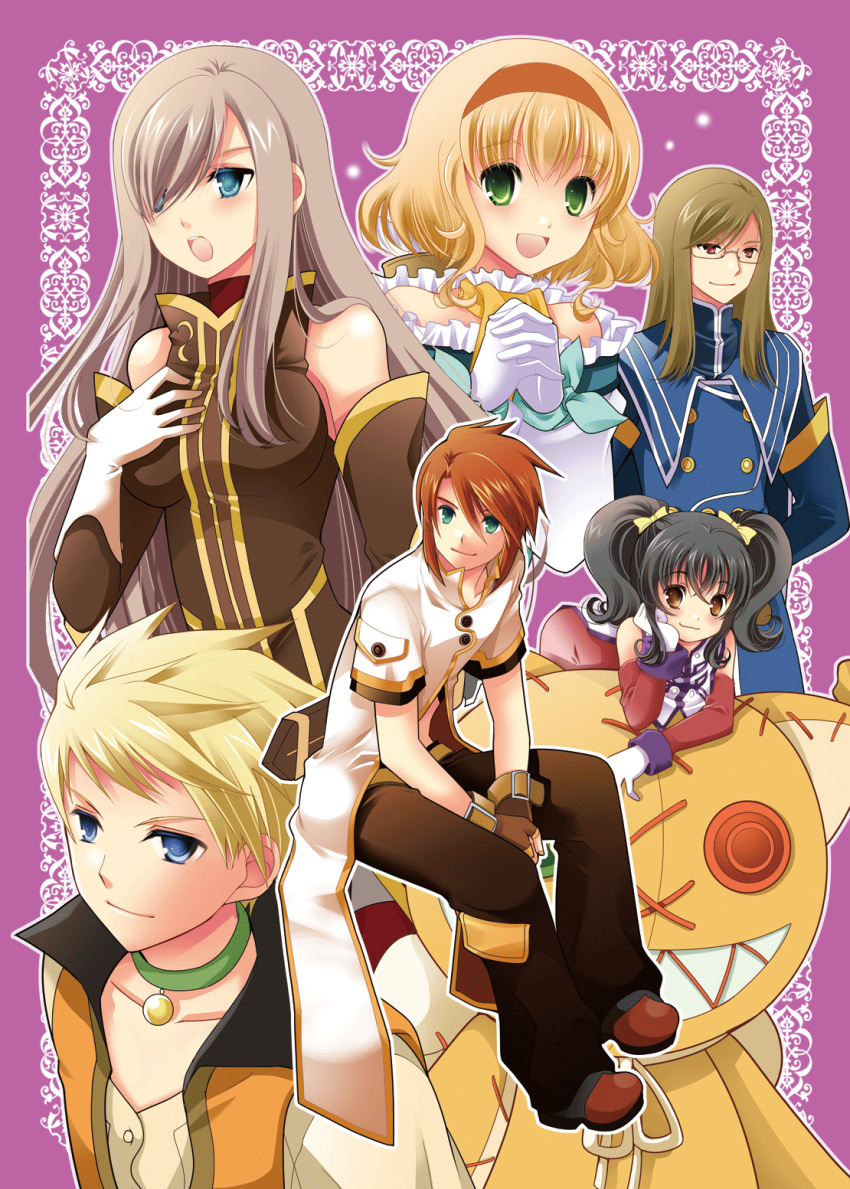3boys 3girls :d :o anise_tatlin black_hair blonde_hair blue_eyes brown_eyes brown_hair chin_rest choker coat doll fingerless_gloves glasses gloves green_eyes guy_cecil hair_over_one_eye hairband hands_clasped highres jade_curtiss long_hair luke_fon_fabre multiple_boys multiple_girls natalia_luzu_kimlasca_lanvaldear open_mouth pants purple_background red_eyes redhead shoes short_hair sitting smile tales_of_(series) tales_of_the_abyss tear_grants tinkle2013 tokunaga twintails