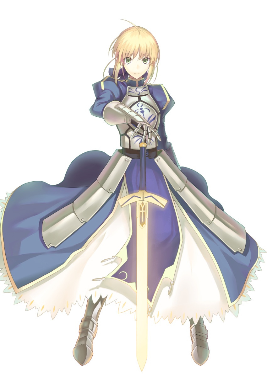 1girl ahoge armor armored_dress blonde_hair excalibur fate/stay_night fate_(series) faulds gauntlets glowing glowing_sword glowing_weapon greaves green_eyes hair_ribbon highres juliet_sleeves kauto long_sleeves puffy_sleeves ribbon saber smile solo sword weapon