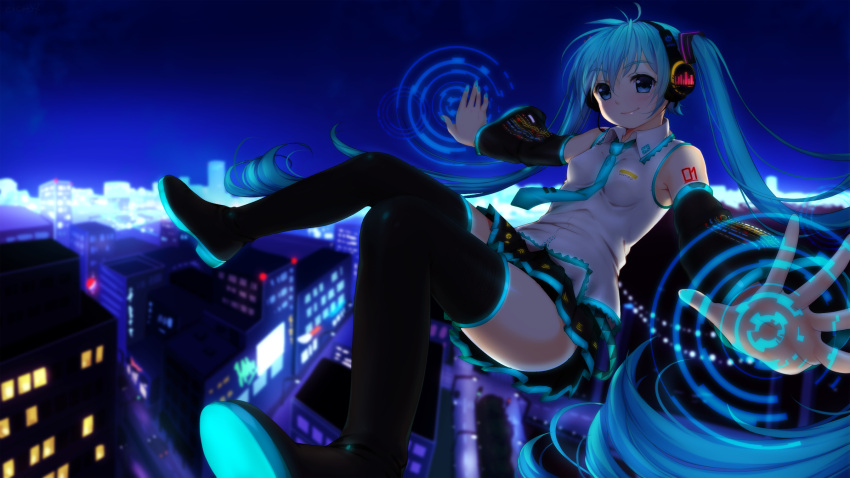 1girl aqua_eyes aqua_hair cityscape detached_sleeves eventh7 foreshortening hatsune_miku headphones highres long_hair midair necktie neon_trim night night_sky outstretched_arms skirt sky solo spread_arms thighhighs twintails very_long_hair vocaloid zettai_ryouiki