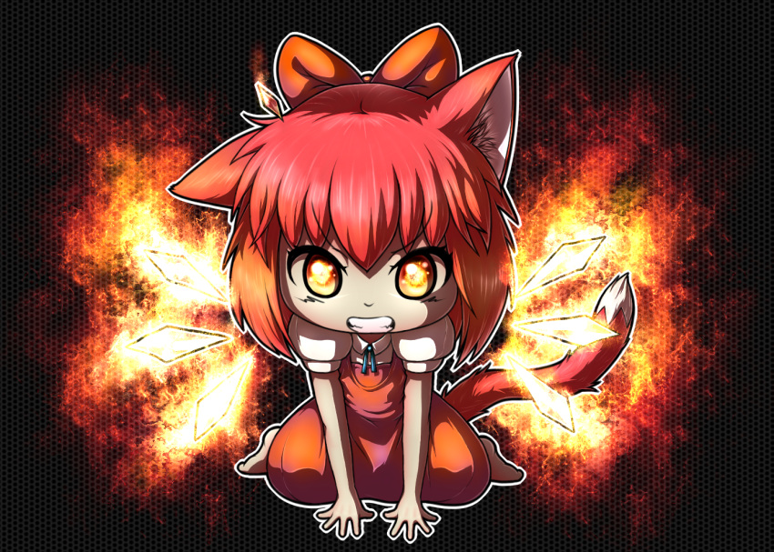 achi_cirno alternate_color alternate_element animal_ears arm_support black_background bow cat_ears cat_tail cirno clenched_teeth dress fiery_wings glowing glowing_eyes hair_bow kemonomimi_mode l_(negaeru) patterned_background redhead short_sleeves sitting solo tail touhou wariza