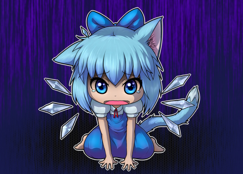 1girl animal_ears arm_support blue_eyes blue_hair bow cat_ears cat_tail cirno dress gradient gradient_background hair_bow ice ice_wings kemonomimi_mode l_(negaeru) looking_at_viewer open_mouth purple_background ribbon short_hair short_sleeves sitting solo tail tears touhou wariza wings