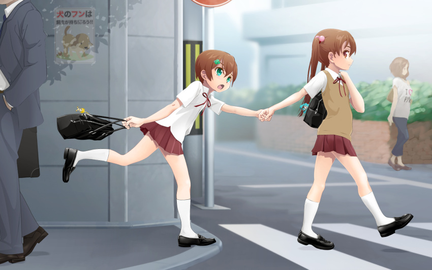 1boy 1girl androgynous bag blush brother_and_sister brown_eyes brown_hair crossdressinging green_eyes hair_ornament hairclip highres open_mouth original running school_bag school_uniform short_hair shota siblings skirt trap twintails yuki18r