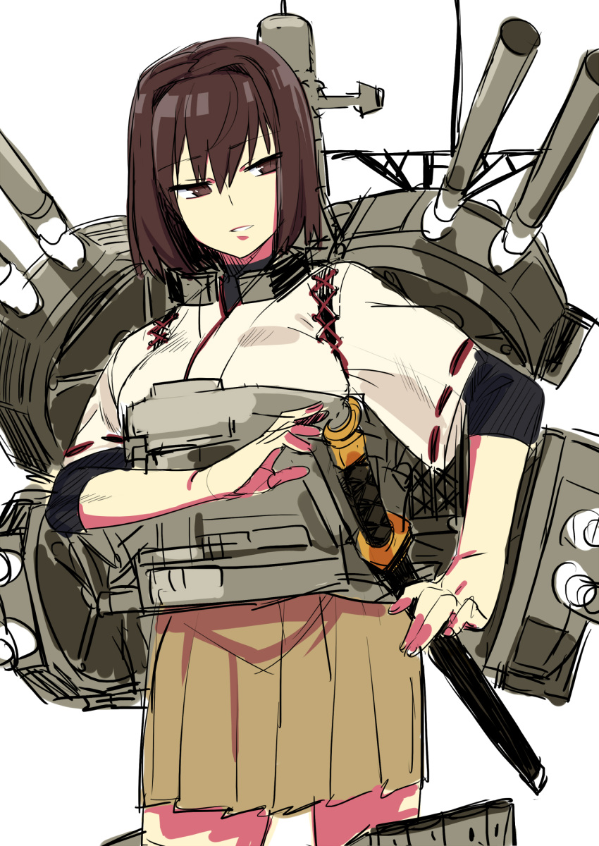 1girl brown_eyes brown_hair highres hyuuga_(kantai_collection) japanese_clothes kantai_collection parted_lips personification rough sheath sheathed short_hair solo sword turret tyaka weapon