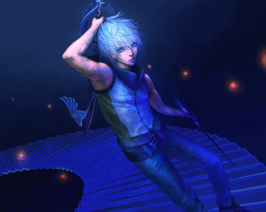 1boy absurdres alternate_hairstyle belt green_eyes highres keyblade kingdom_hearts kingdom_hearts_3d_dream_drop_distance riku silver_hair slgny solo