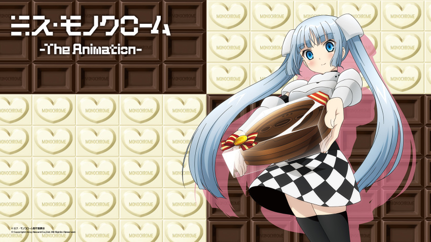 1girl background black_legwear blue_eyes blush box checkered checkered_skirt chocolate chocolate_bar copyright_name food gift gift_box hair_ornament highres holding_gift incoming_gift light_smile long_hair miss_monochrome miss_monochrome_(character) official_art ruu-chan silver_hair skirt thighhighs twintails valentine wallpaper white_chocolate