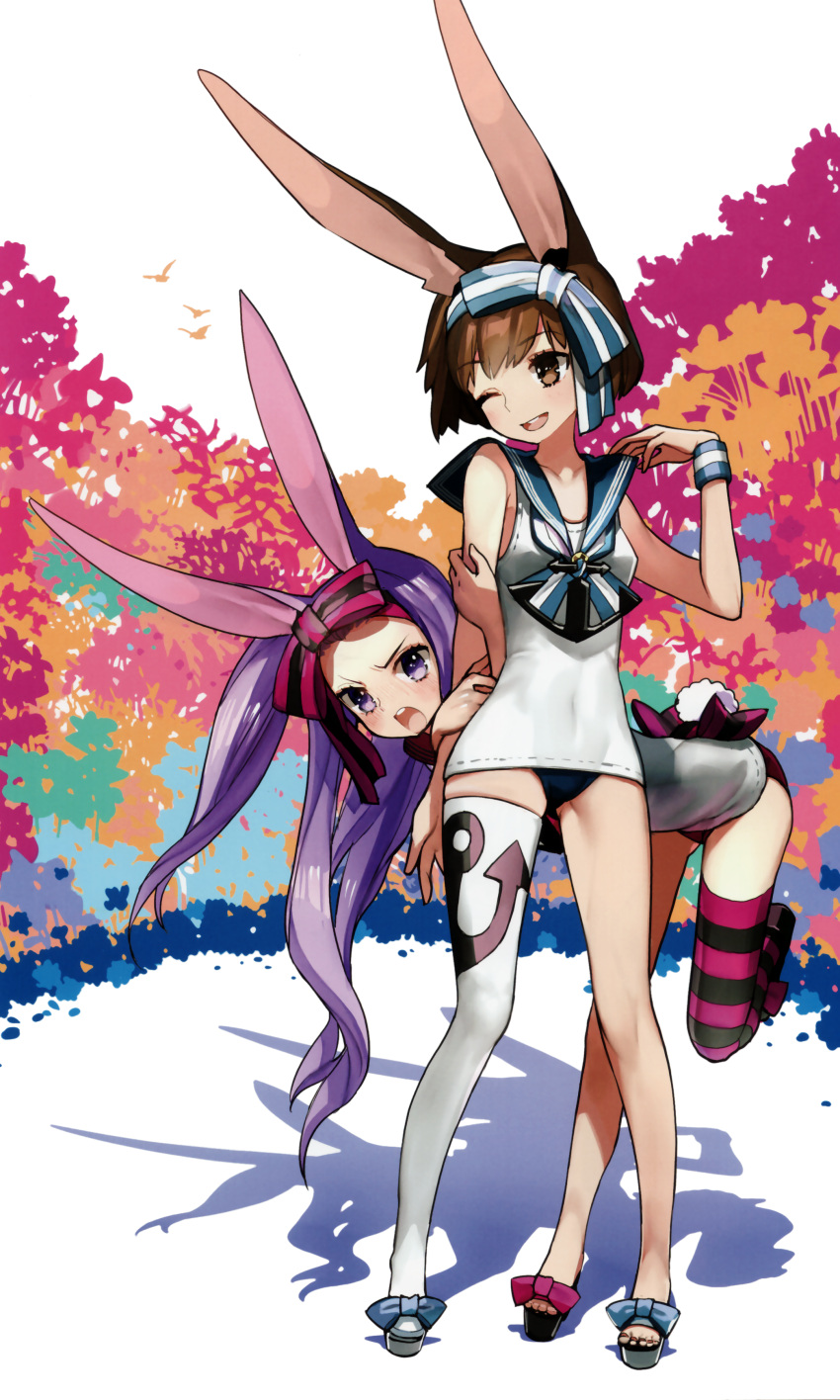 2girls ;d absurdres anchor_symbol animal_ears bent_over boots brown_eyes brown_hair bunny_tail buruma clothed_navel full_body hair_ornament highres leg_up multiple_girls open_mouth original purple_hair rabbit_ears sailor_collar scan short_hair single_thighhigh smile striped striped_legwear tail thigh_boots thighhighs twintails wada_aruko white_legwear wink wristband