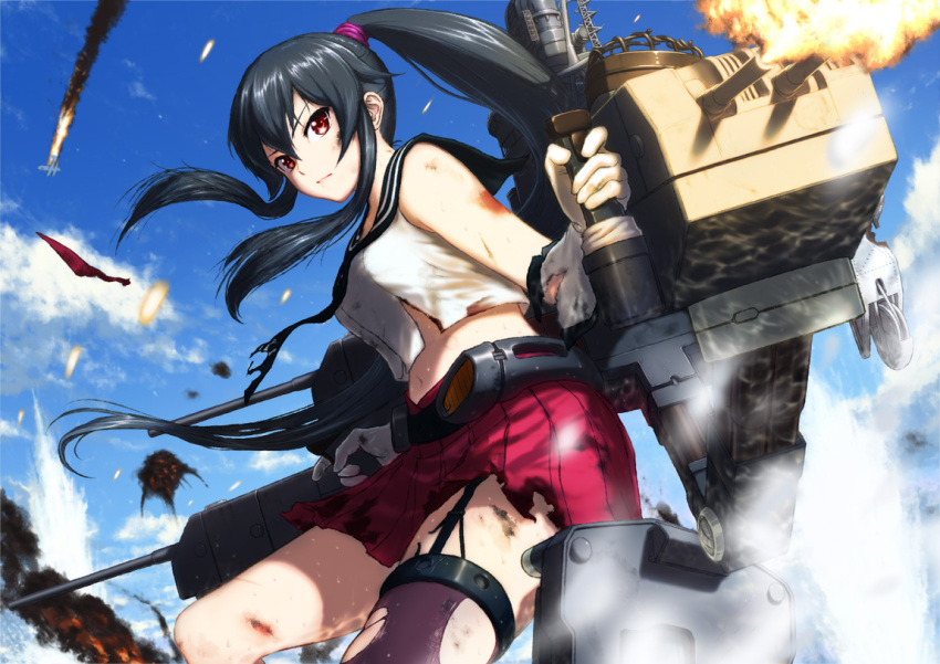 1girl bare_shoulders battle black_hair blue_sky blush breasts burnt_clothes cannon clouds damaged explosion gloves kantai_collection long_hair midriff navel ocean personification ponytail red_eyes seaplane shin_(world_3000) skirt sky turret water white_gloves yahagi_(kantai_collection)
