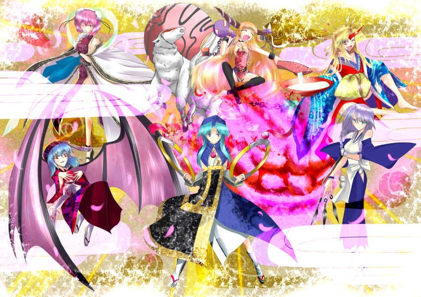 6+girls absurdres alcohol alternate_costume aqua_eyes bat_wings blonde_hair blue_eyes blue_hair braid chain closed_eyes clouds crossover fang flower fog gourd hair_bun hair_ornament hair_stick hat highres horn horns hoshiguma_yuugi ibaraki_kasen ibuki_suika izayoi_sakuya jewelry knife kumoi_ichirin large_wings long_hair multiple_girls nonbiri-silver ookami_(game) open_mouth orange_hair pendant petals pink_hair red_eyes remilia_scarlet ring rose sake shawl sheep short_hair silver_hair smile stopwatch touhou watch wings wink