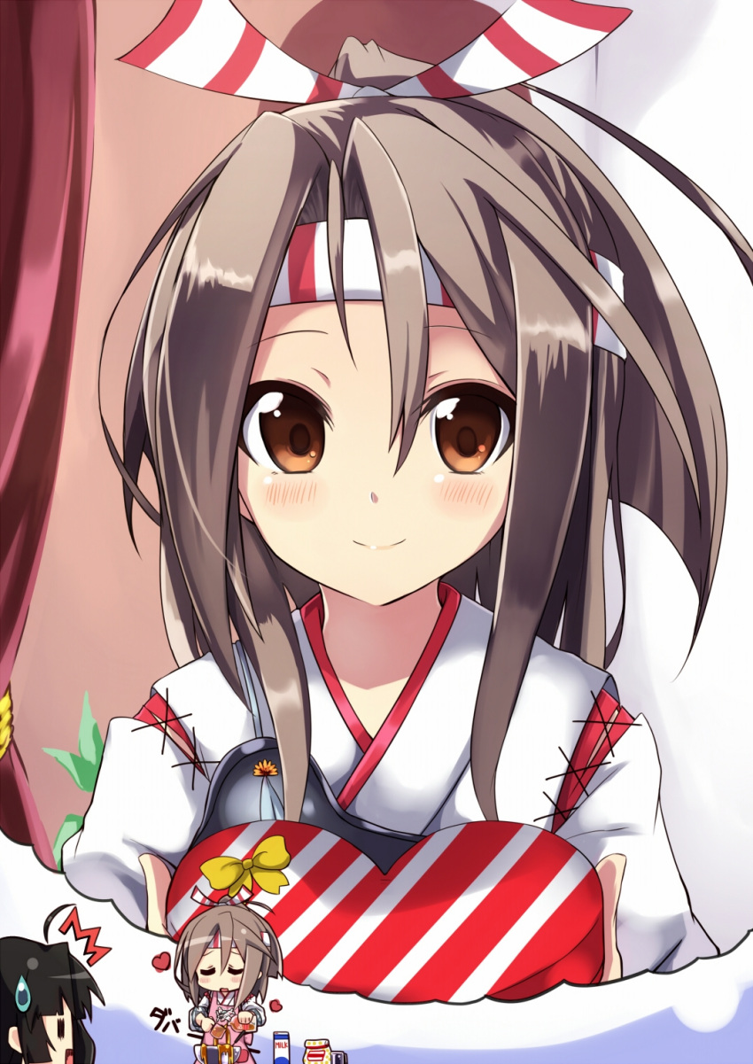 2girls amano_kouki black_hair brown_eyes brown_hair chocolate chocolate_heart cooking dreaming hachimaki headband heart high_ponytail highres japanese_clothes kantai_collection long_hair looking_at_viewer multiple_girls muneate open_mouth personification ponytail shouhou_(kantai_collection) smile valentine zuihou_(kantai_collection)