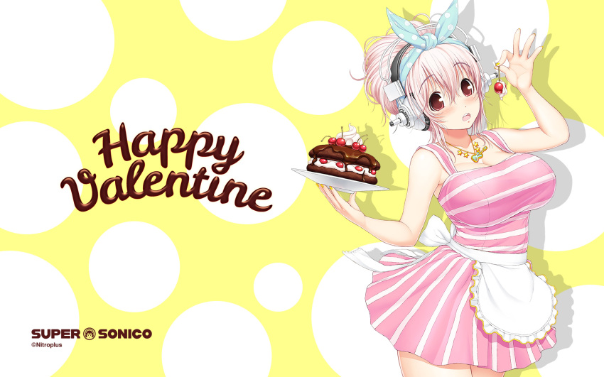 1girl apron bandana blush breasts cake character_name cherry chocolate chocolate_cake cream food fruit happy_valentine headphones highres huge_breasts jewelry looking_at_viewer necklace nitroplus official_art pastry pink_hair plate red_eyes simple_background sleeveless solo super_sonico tsuji_santa valentine waist_apron waitress wallpaper whipped_cream