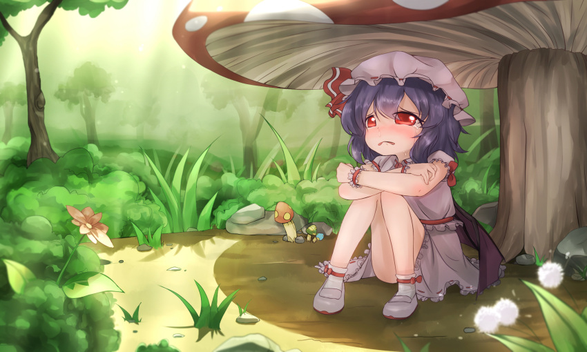 1girl ankle_socks arm_rest bai_yemeng bat_wings crossed_arms crying flower frown grass hat hat_ribbon highres knees_up lavender_hair mob_cap mushroom outdoors oversized_object parted_lips red_eyes remilia_scarlet ribbon runny_nose shade shoes short_hair sitting skirt skirt_set solo streaming_tears sunbeam sunlight tears touhou tree wings wrist_cuffs