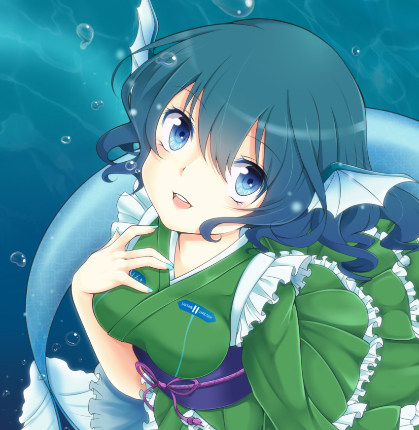1girl animal_ears blue_eyes blue_hair bubble hand_on_own_chest head_fins highres japanese_clothes kimono long_sleeves mermaid monster_girl nail_polish namakobuta obi open_mouth sash short_hair smile solo touhou underwater wakasagihime wide_sleeves