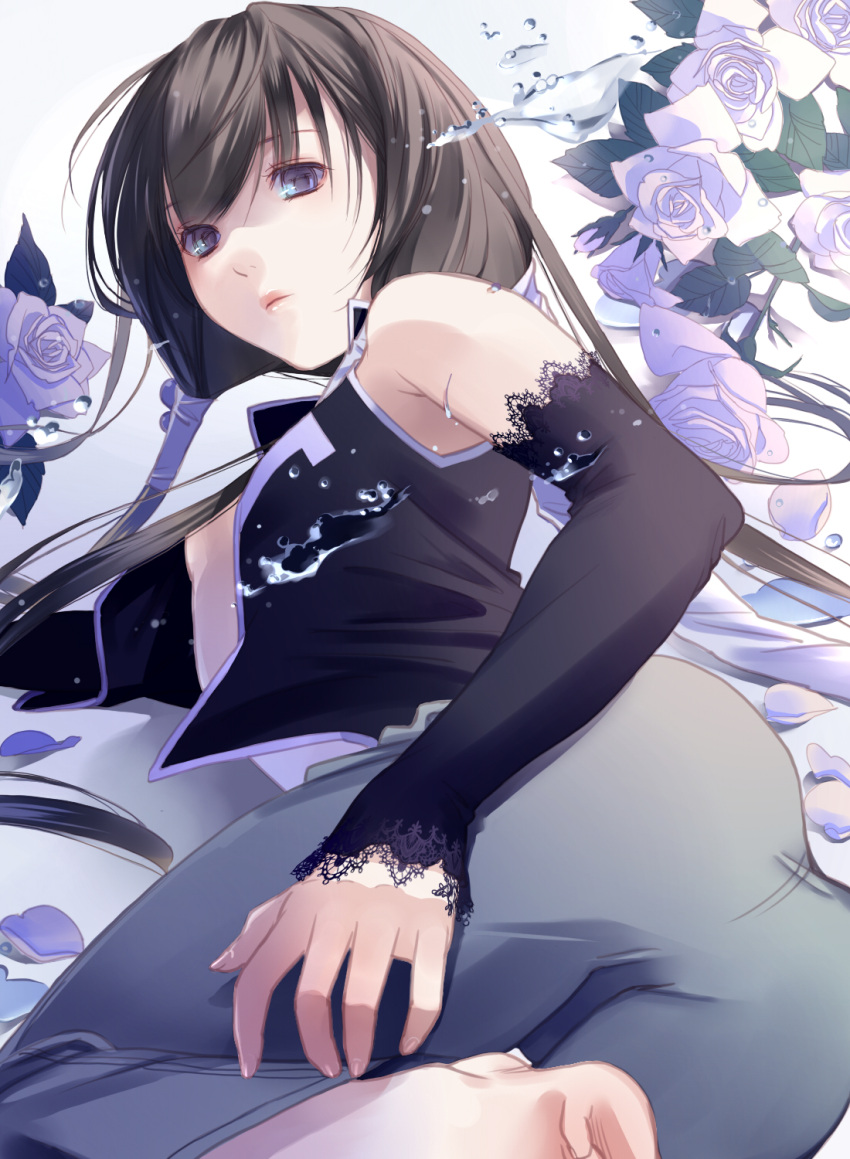 1boy ass bare_shoulders barefoot black_hair blue_eyes detached_sleeves eyebrows_behind_hair flower flowers fuuchouin_kazuki getbackers highres long_hair lying male open_clothes open_shirt papillon10 petals rose trap water white_flower