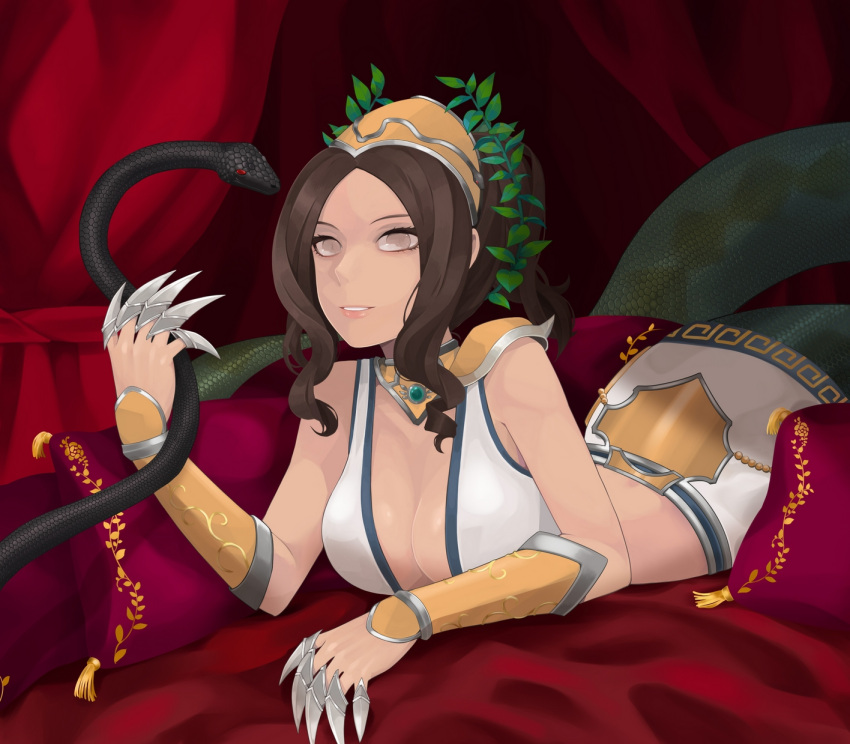 1girl breasts brown_eyes brown_hair cassiopeia_du_couteau claws cleavage highres ilris lamia large_breasts league_of_legends looking_at_viewer lying monster_girl pillow smile snake solo