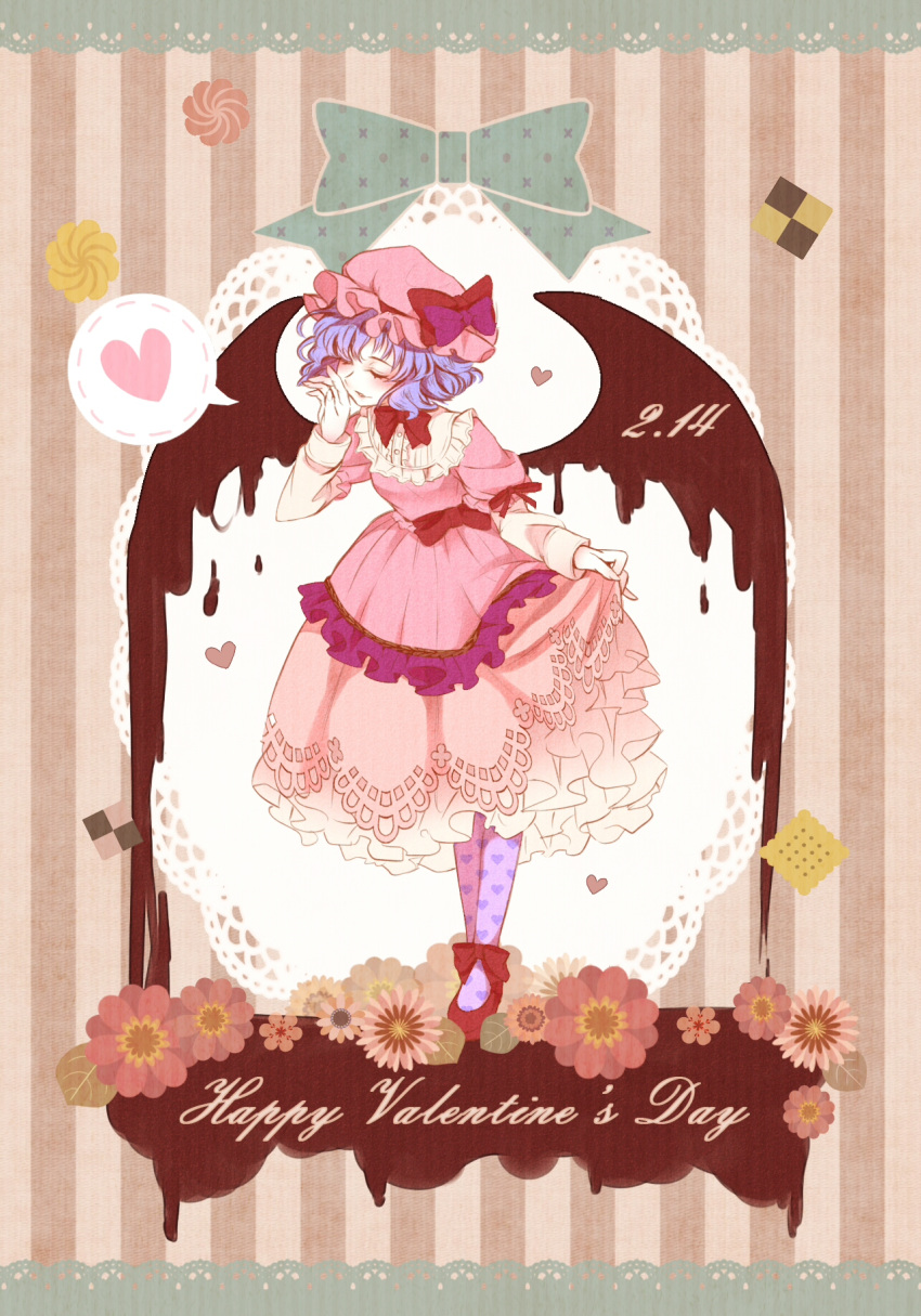 1girl bat_wings blue_hair bow chocolate closed_eyes cookie dated dress embellished_costume flower food frilled_dress frills hand_on_own_face happy_valentine hat hat_ribbon heart highres lace_border long_sleeves melting mob_cap pantyhose parted_lips print_legwear purple_legwear remilia_scarlet ribbon satomachi shoe_ribbon short_hair skirt_hold solo spoken_heart striped striped_background touhou wings
