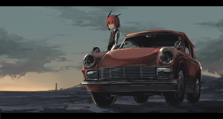 1girl :/ alternate_hair_length alternate_hairstyle bat_wings cacao_choco_mame car clouds dress_shirt expressionless head_wings koakuma lighthouse long_sleeves low_wings motor_vehicle necktie red_eyes redhead shirt short_hair sky solo touhou vehicle vest white_shirt wings