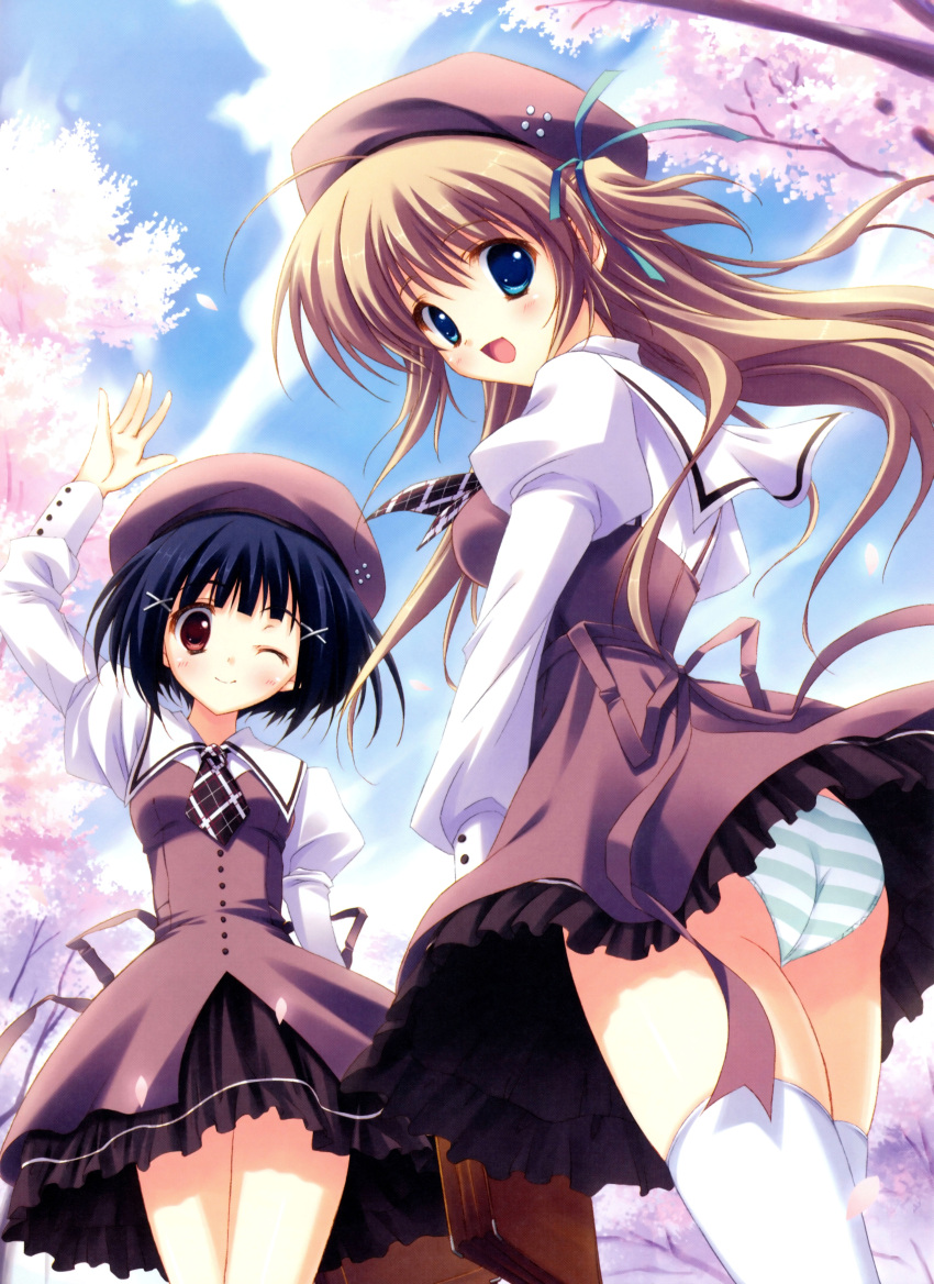 2girls :d ;) absurdres arm_up blue_eyes blue_hair blue_panties blue_sky brown_eyes brown_hair cherry_blossoms hat highres multiple_girls open_mouth panties ryouka_(suzuya) scan school_uniform sky smile striped striped_panties thighhighs two_side_up underwear upskirt white_legwear white_panties wink
