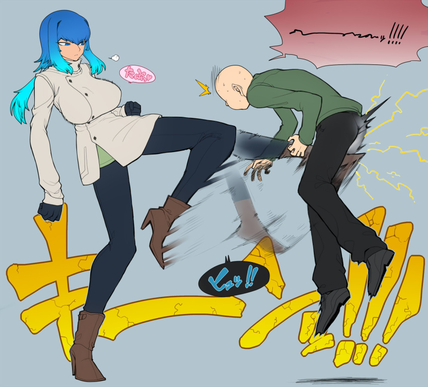 1boy 1girl boots breasts coat gradient_hair groin_kick highres jeans large_breasts multicolored_hair original space_jin zoe_(space_jin)